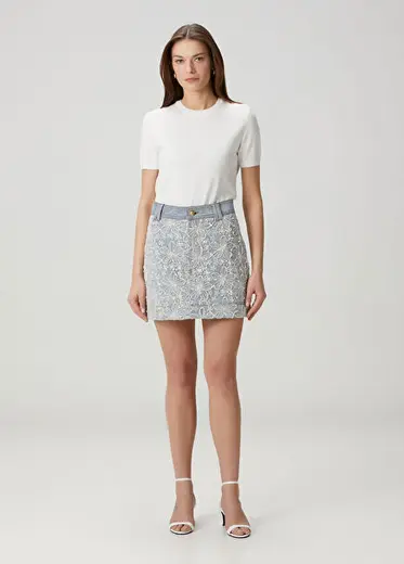 Bloom Mavi İşlemeli Mini Denim Etek