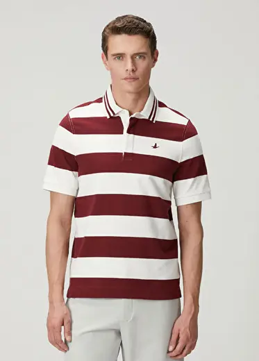Bordo Çizgili Oversize Polo T-shirt