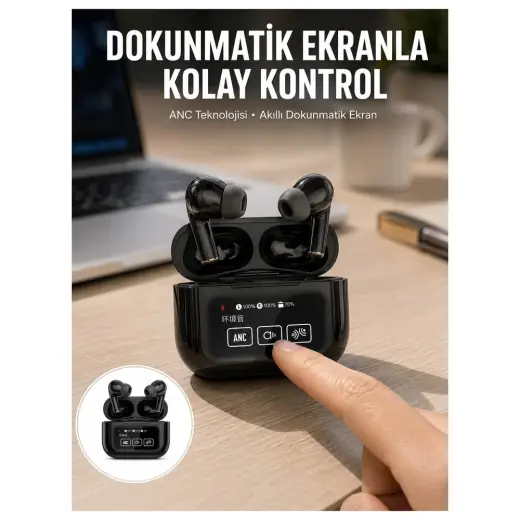 Aslanoğlu Store Mey Ithalat® Yeni Nesil Anc Özellikli Çağrı Cevaplayan Dokunmatik Ekranlı Bluetooth Kulaklık Siyah