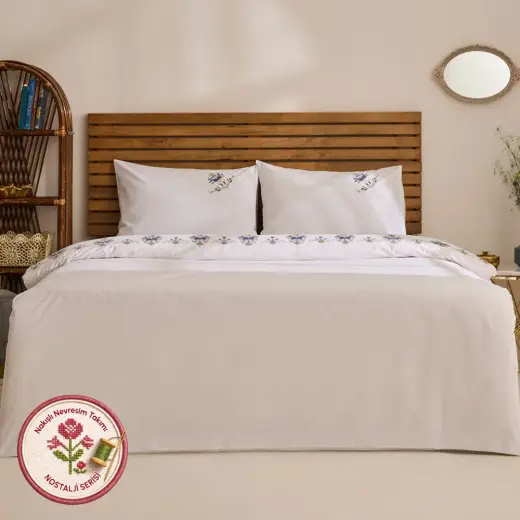 Karaca Home Maelis %100 Pamuk Kanaviçe Nakışlı Çift Kişilik Nevresim Takımı Beyaz