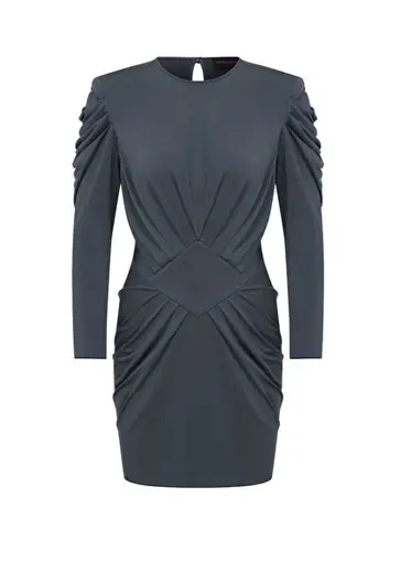 Gri Drape Detaylı Uzun Kollu Kadın Mini Elbise