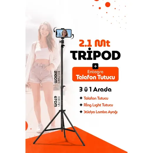 Ensiga Tripod 2.1 mt 360 Döner Başlıklı Telefon Tutucu Ring Light Metal Işık Stüdyo Lamba Ayağı