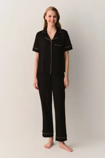 Siyah Misty Gömlek Yaka Pijama Takımı