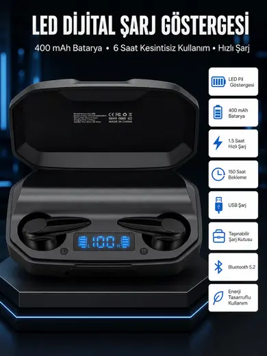 Rgb Işıklı Çift Mikrofonlu Siyah Profesyonel Kulaklığı Kablosuz Kulakiçi
