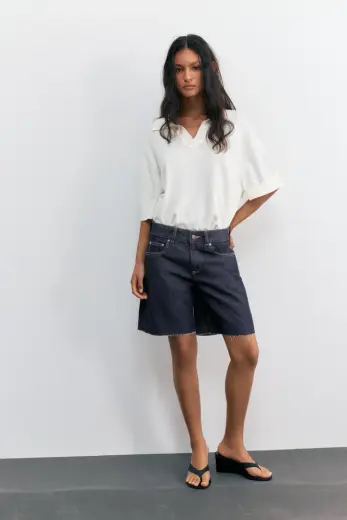 Düşük bel denim bermuda şort