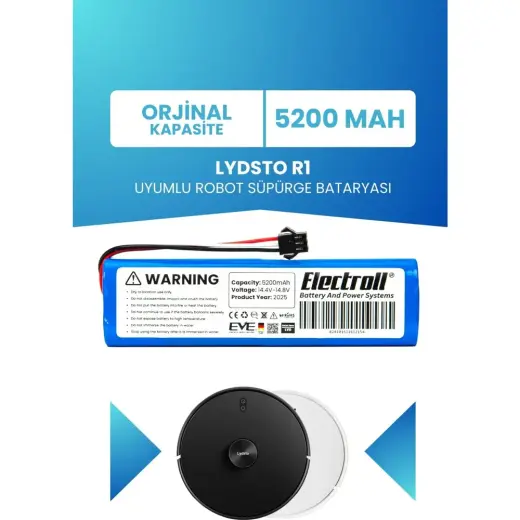 Electroll Lydsto R1 Uyumlu Batarya (ORJİNAL KAPASİTE) 5200 mah Pil Akıllı Robot Süpürge Bataryası Değişimi