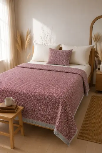 Lunga Vita Dokuma Pike Çiftkişilik 200x220 Çok Amaçlı Bohem Yatak Örtüsü Kırmızı-gri