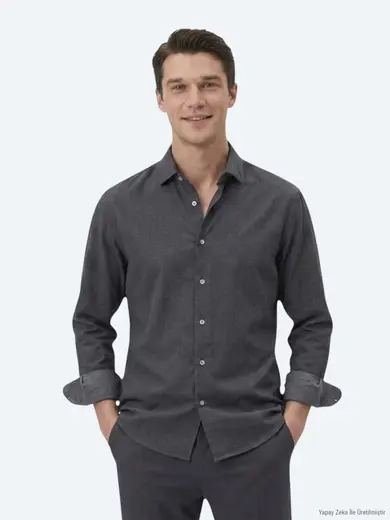 Siyah Düz Regular Fit Uzun Dokuma Casual Pamuk Karışımlı Gömlek