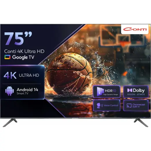 AKS Conti 75" 4K Ultra Hd Google Tv (CT75GT300U), HDR10, Çerçevesiz, Dahili Uydu Alıcı, Wi-Fi, Bluetooth, 3x Hdmı, Android 14 Smart Tv
