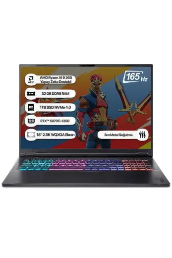 Acer Nitro 18 NH.QYFEY.001-32 Ryzen AI 9 365 32 GB 1 TB SSD RTX5070Ti-12 GB 165Hz 18 WQXGA Dos Taşınabilir Bilgisayar