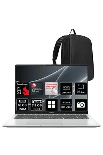 Vivobook 16 (X1607QA) Snapdragon X X1-26-100 16GB RAM 512GB SSD Adreno 16" WUXGA (1920x1200) Win11 Home X1607QA-MB052WP308 Taşınabilir Bilgisayar + PER4 Çanta
