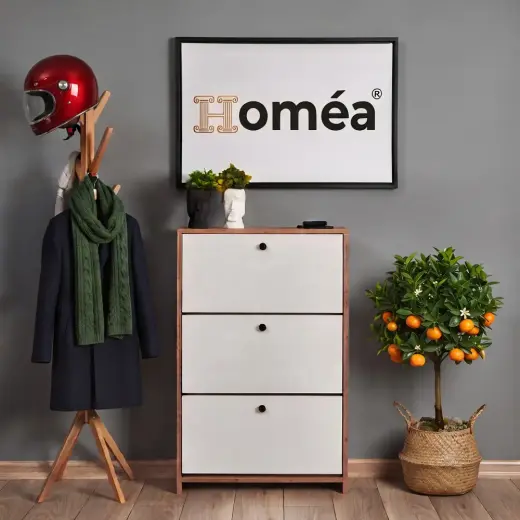 Homea 3 Bölmeli Düşer Kapaklı Ayakkabılık Çam Beyaz