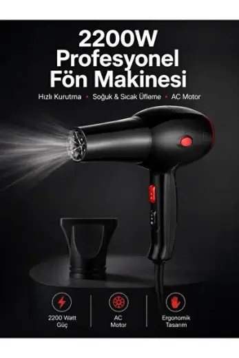 Tüm Saç Tiplerine Uygun, İki Kademeli Hız Ayarlı Fön Makinesi