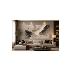 Mgi Design Modern Soyut Dokulu Fırça Darbeleri Kanvas Tablo – Bej, Krem, Vizon, Siyah Ve Gold Detaylı Lüks Salon & Yatak Odası Duvar Dekoru – Çerçevesiz Premium Baskı A | Modern Duvar Dekoru | Salon, Yatak Odası 100x150 cm