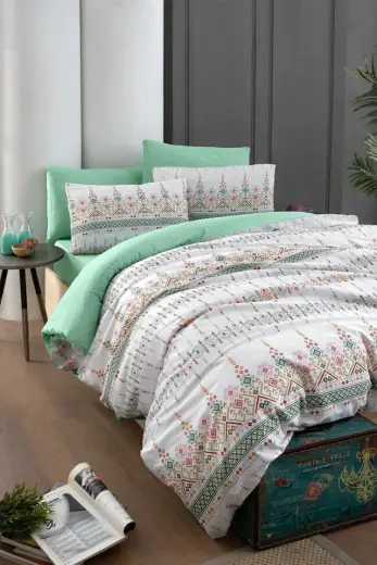 Mystory Home Lastikli Çarşaflı Çift Kişilik Nevresim Takımı Estilla Yeşil