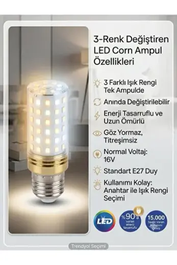Alvina E27 Duylu 12w 2700k ~ 6500k 1000-1999 Lümen Beyaz/sarı/günışığı Renk Mısır Led Ampul