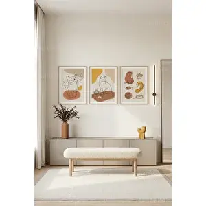 Tontilika Modern Minimalist Kedi Temalı 3’lü Ahşap Çerçeveli Tablo Seti 50 x 70 cm