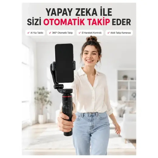 AI Yüz Takipli Gimbal Selfie Stick 360° Dönebilen Bluetooth Kumandalı Telefon Tutucu