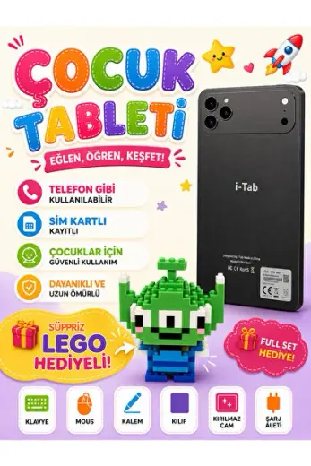 Sim Kartlı Çocuk Tableti Süpriz Lego Hediyeli Full Set Klavye+Mous+Kalem+Kılıf+Kırılmaz+Şarj