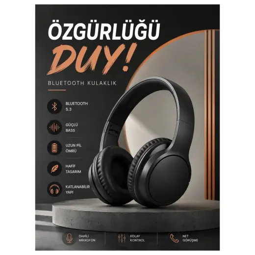 Renas Store Kulak Üstü Bluetooth Kulaklık Ayarlanabiilir Uzun Pil Ömrü Kablosuz 5.0 Bluetooth