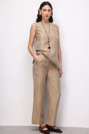 Mizalle Geniş Paça Bej Rengi Basic pantolon