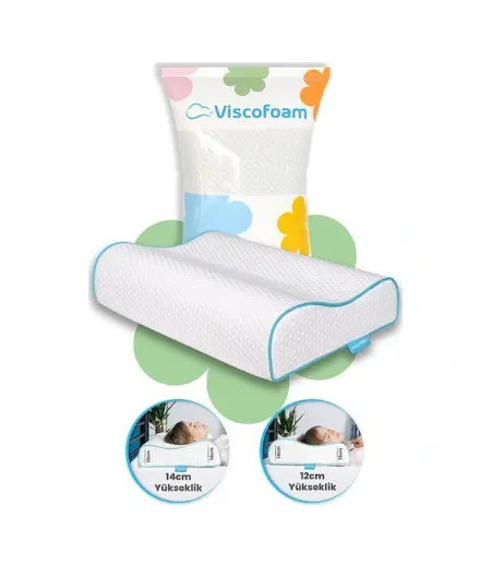 Viscofoam Yüksek Boyun Destekli Ortopedik Yastık Çift Boyun Destekli Visco Yastık - 60x40x14-12cm