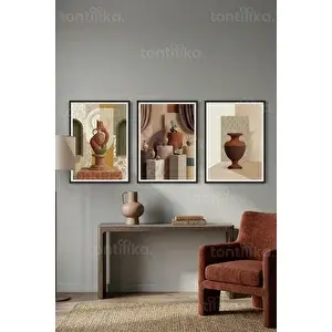 Tontilika Modern Vazo Sanatı 3’lü Ahşap Çerçeveli Tablo Seti 30x42 cm