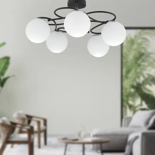 Apliqa Rodonit 5li Siyah Krom Beyaz Camlı Modern Sarkıt Genç Odası Yatak Odası Retro Salon Avize