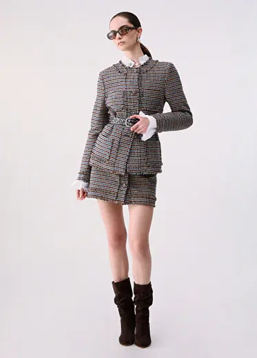 Tweed Kahverengi Kadın Mini Etek