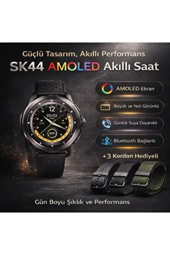 SK44 AMOLED Büyük Ekranlı, Bluetooth Bağlantılı, Günlük Suya Dayanıklı, +3 Kordon Hediyeli