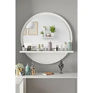 Nysamo 45 Cm Raflı Beyaz Antre Hol Koridor Duvar Salon Mutfak Banyo Ofis Makyaj Aynası Beyaz