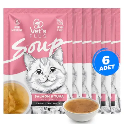 Vet's Plus Somonlu ve Ton Balıklı Tahılsız Kedi Çorbası 50gr (6 Adet)