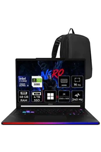 Raider 16 MAX HX Ultra 9 290HX Plus RTX 5080 16GB 175W 48GB RAM 4TB SSD 16″ QHD+ (2560 x 1600) OLED 240Hz Win11 Pro B2WI092TRP455 Gaming Laptop + PER4 Çanta