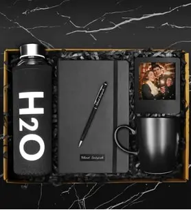 Özel Kılıflı Cam Şişe Matara & Kişiye Özel Defter & Metal Touch Pen Kalem & Fotoğraf Çerçevesi & Siyah Kupa Hediye Seti
