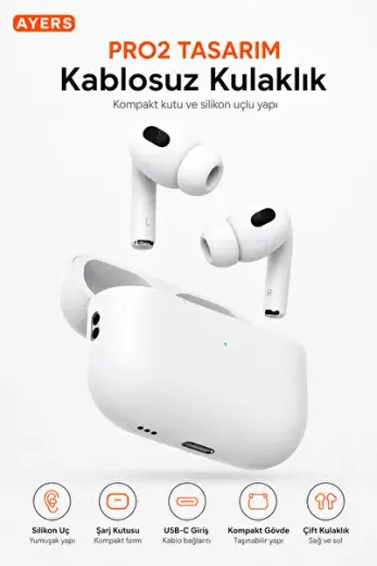 Pro 2 Nesil Birebir Kablosuz Bluetooth Kulaklık, Yüksek Ses Kalitesi, Uzun Şarj Ömrü, Silikon Uçlu, USB-C Şarj Kutulu, Kompakt ve Taşınabilir TWS Kulaklık