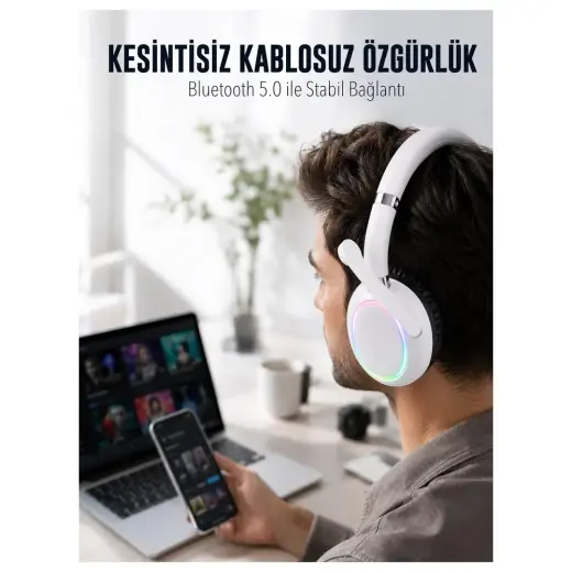 Renas Store Rgb Işıklı Mikrofonlu Bluetooth Kulaklık Beyaz Over-Ear Tasarım Type-C Şarjlı