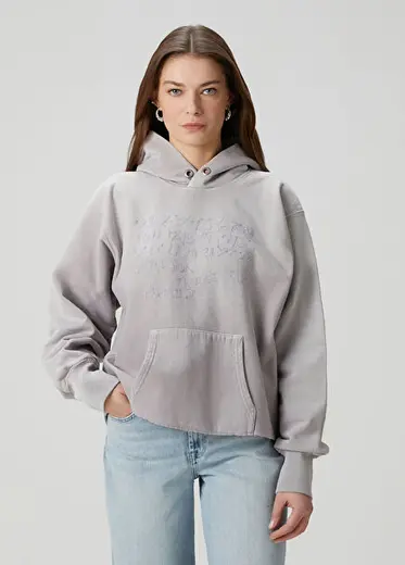 Gri Kapüşonlu Nakışlı Sweatshirt
