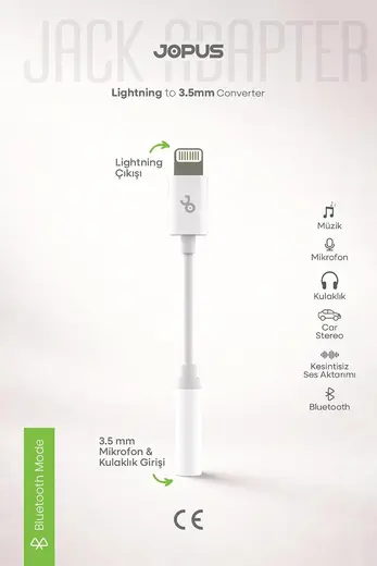Jopus iPhone 7-8-X-11-12-13-14 Serileri ile Uyumlu Bluetooth Bağlantılı 3.5mm Kulaklık Dönüştürücü JO-IB01 Beyaz, 42337