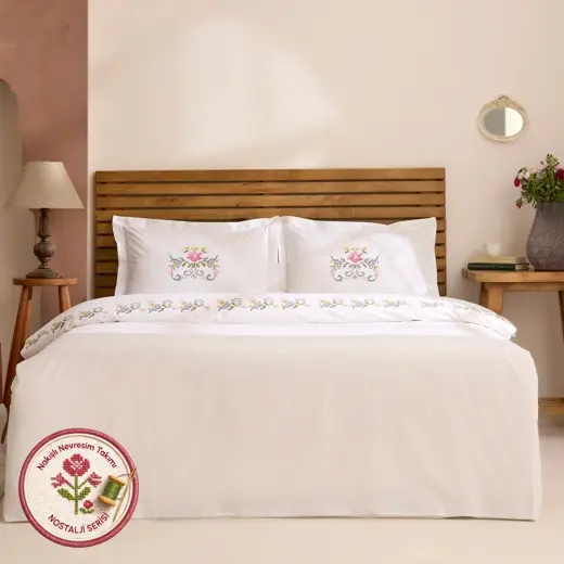 Karaca Home Ottalia %100 Pamuk Kanaviçe Nakışlı Çift Kişilik Nevresim Takımı Beyaz