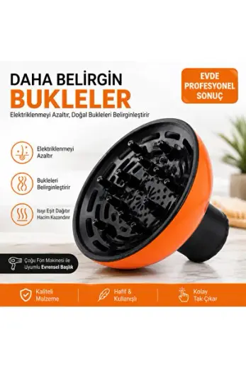 Profesyonel Fön Makinesi Vigo Başlığı - Hacimli ve Belirgin Kıvırcık Saçlar İçin Evrensel Difüzör (TURUNCU)
