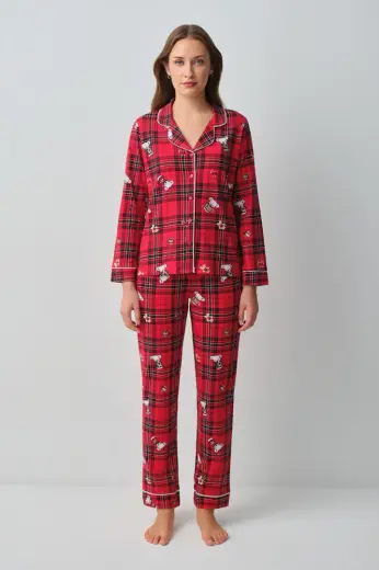 Kırmızı Ekoseli Koalina Pamuklu Gömlek Yaka Pijama Takımı
