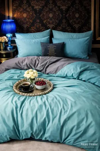 More Home Tek Kişilik Nevresim Takımı Lastikli Çarşaf Mavi Antrazit