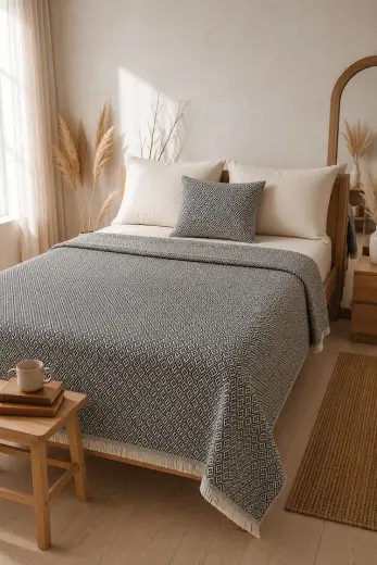 Lunga Vita Dokuma Pike Çiftkişilik 200x220 Çok Amaçlı Bohem Yatak Örtüsü Antrasit