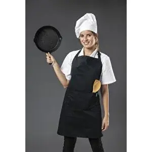 Ays Home Geniş Ebat Cepli Siyah Renk Şef Aşçı Barista Önlüğü Ve Beyaz Şapka