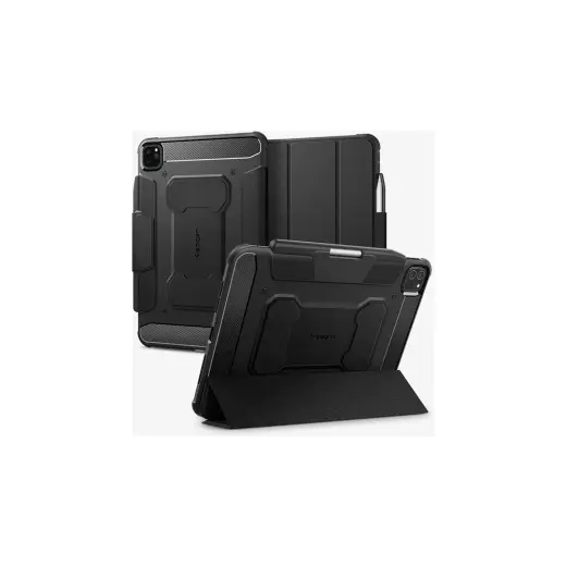Spigen iPad Pro 11" (2025 / 2024) ile Uyumlu Kılıf Rugged Armor Pro Stand özellikli Üst Düzey Koruma Siyah Karbon Kapak - ACS07017 (Spigen TR Garantili)