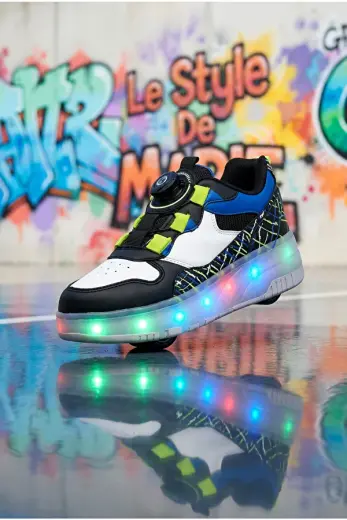 Çocuk Unisex Siyah Beyaz Sarı Rahat Kalıp Patenli Işıklı Spor Ayakkabı
