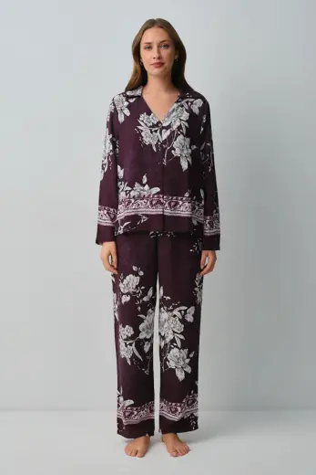 Mürdüm Desenli Mariana Gömlek Yaka Pijama Takımı