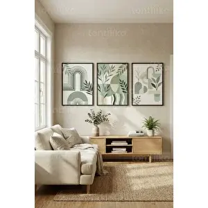 Tontilika Yeşil Botanik Soyutlama 3’lü Ahşap Çerçeveli Tablo Seti 21x30 cm
