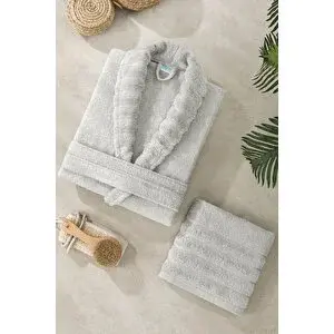 Mira Home Soft Elegance Banyo Tek Kişilik Bornoz Takımı %100 Pamuklu Açık Gri-s-m Açık Gri