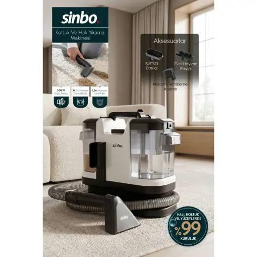 Sinbo SCC-7605 Koltuk ve Halı Yıkama Makinesi 500W Çift Su Hazneli Profesyonel Leke Temizleyici